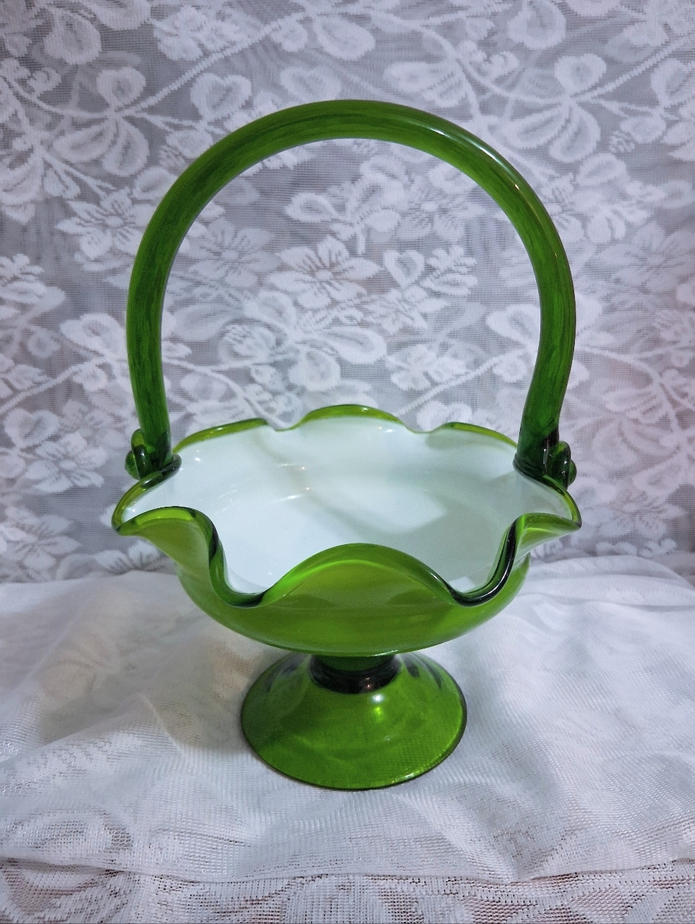 RARE Vintage Viking Glass Georgian Basket Cased White On Green W Green Handle 9"